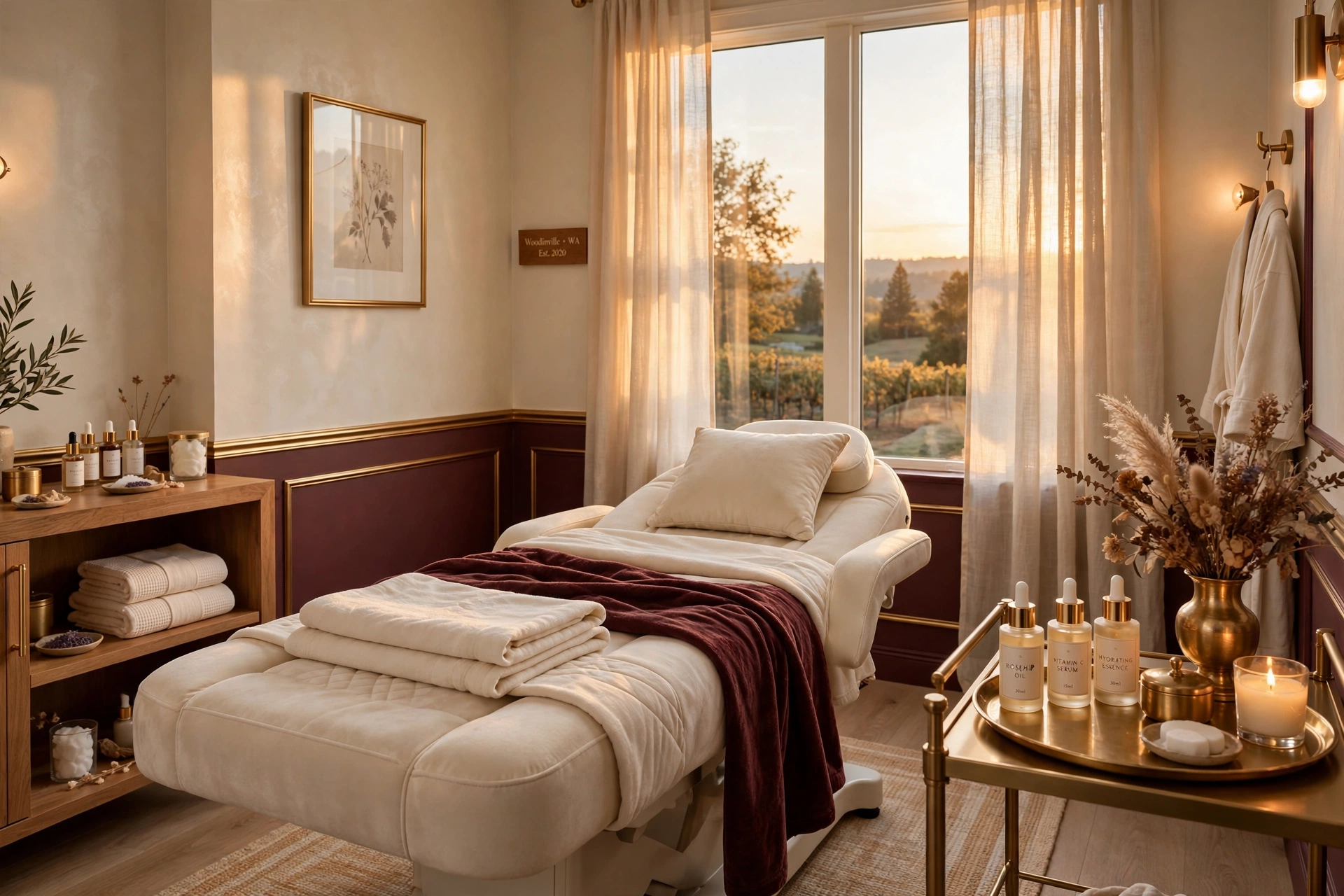 The Refresh treatment room at golden hour — a cream facial bed, brass tray with oils and a lit candle, maroon and gold walls, Woodinville light through linen curtains