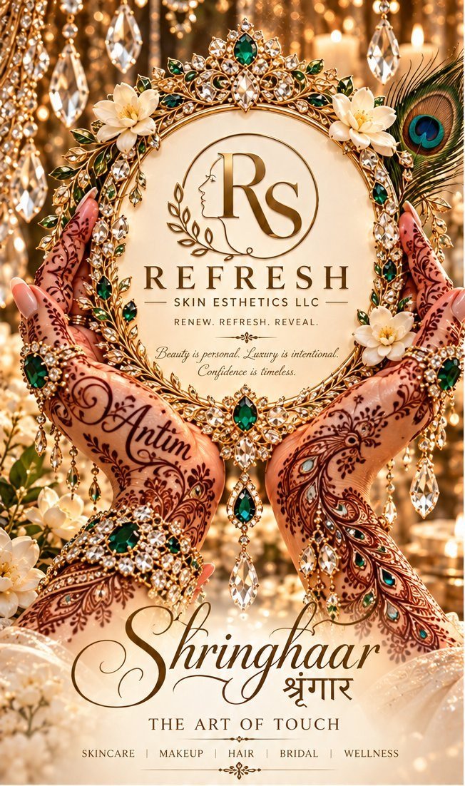 The main emblem of the three sister houses — henna-adorned hands holding a jeweled gold frame with the Refresh RS seal, Shringhaar — The Art of Touch, shown whole
